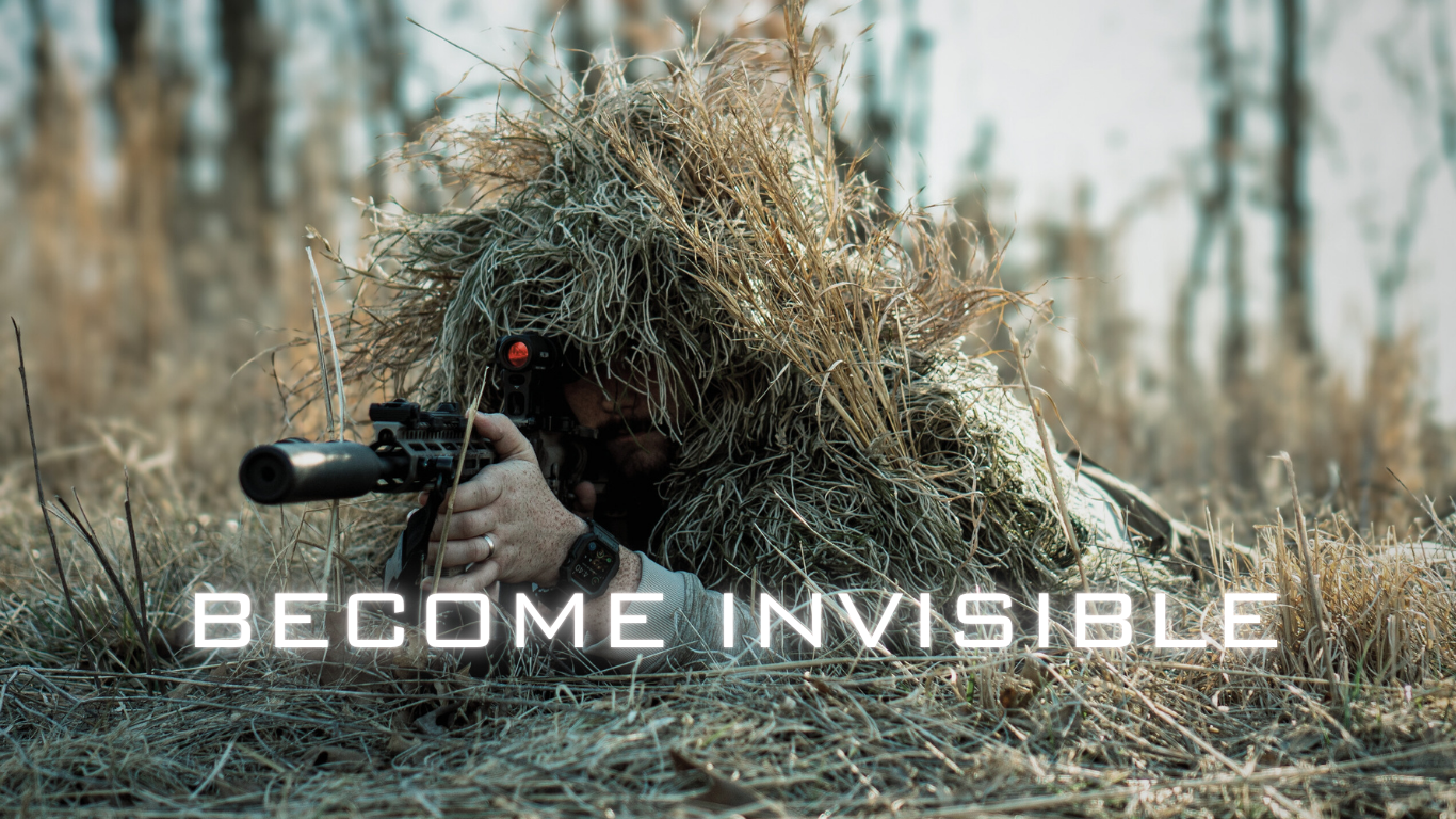 Person in camouflage viper style ghillie hood lying in the grass with a rifle, text 'Become Invisible' overlayed.